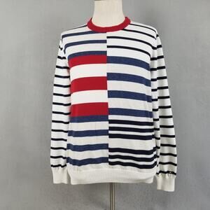 Tommy Hilfiger Sweater Mens Large White Navy Red Striped Crewneck Cotton Knit